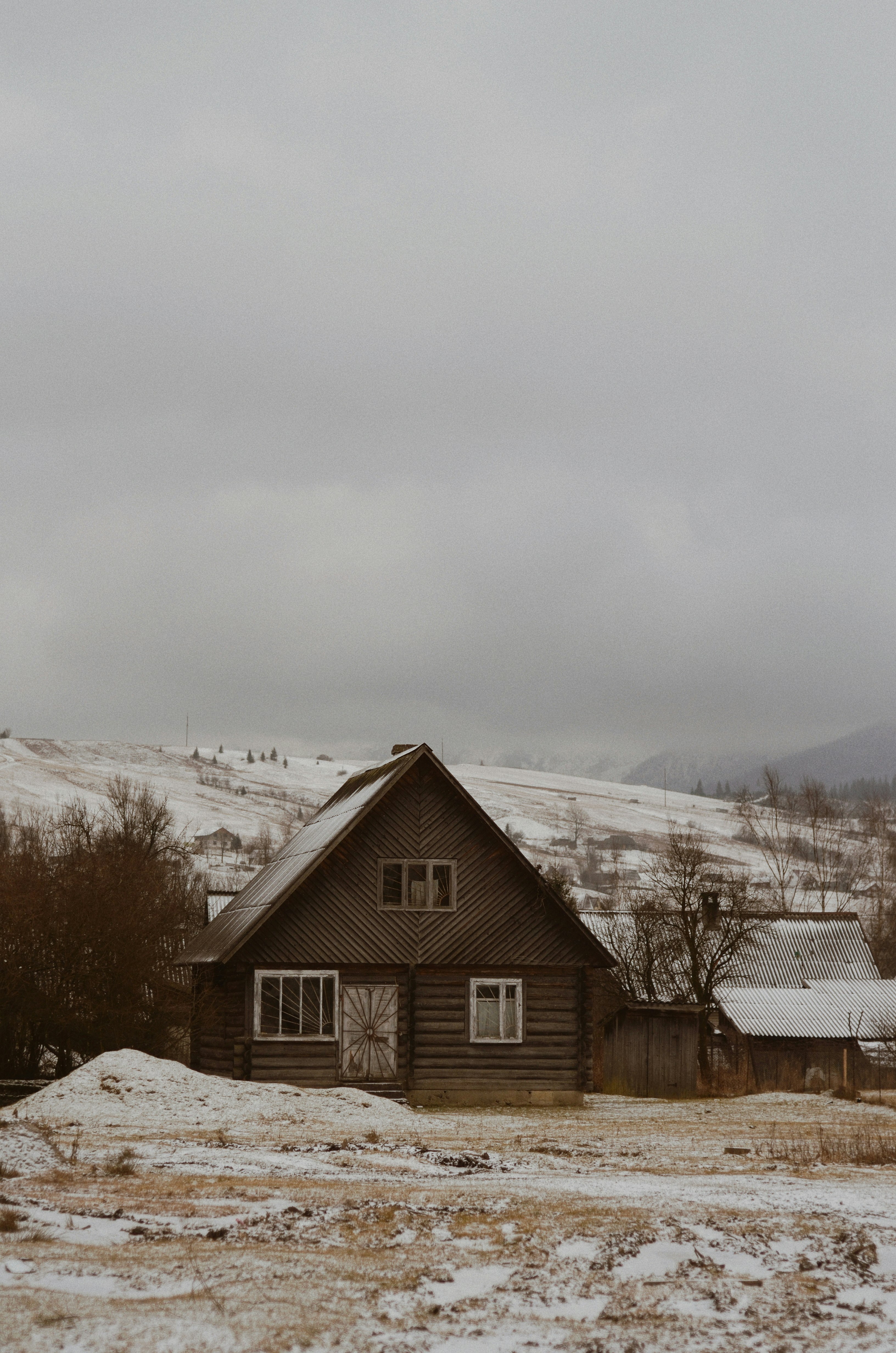 brown wooden house on snow covered ground